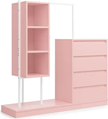 Produktbild von okwish Minimalistische Schubladenschrank Kleiderschrank-Set mit Schubladen und offenen Fächern,Schuhkommode mit Kleiderstange und Stauraum,Rosa