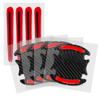 Produktbild von kwmobile 8x Universal Auto Türgriff Lackschutzfolie - Folie - Schutzfolie Griffmulden und Griff Schwarz Rot 9,1 x 8,3 + 13 x 1,7 cm