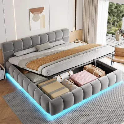 A modern bedroom with a large storage bed.