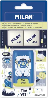 Imagen del producto de Paquete de gomas de borrar en blíster, con sacapuntas para lápices. Compacto. Juego de 2 gomas de borrar "The Yeti+", color azul. Color: azul. Talla única