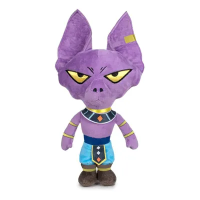 A plush toy of the character Beerus from Dragon Ball, standing against a white background.