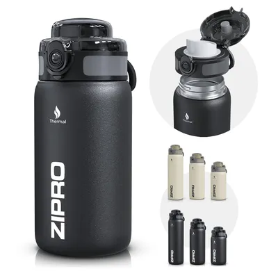 Image de ZIPRO Gourde en acier inoxydable 500 ml Noir - Gourde isotherme à double paroi étanche sans BPA Gourde de sport Thermo petite