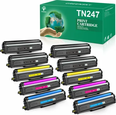 A product shot of multiple toner cartridges and their packaging.