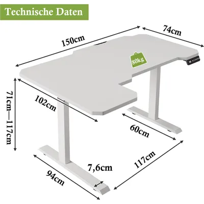 Produktbild von Hilodesk Höhenverstellbarer Schreibtisch Elektrisch 150x100cm, 2 starke Motoren, 120 kg Tragkraft, Antikollisionsschutz, 4 Memory-Funktion (Weiß)
