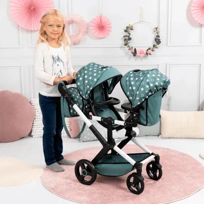Obrázok produktu pre Bayer Design 26758AA Kočík pre bábiky Xeo Twin, súrodenecký kočík, nastaviteľná výška, taška, zelená, hviezdičky