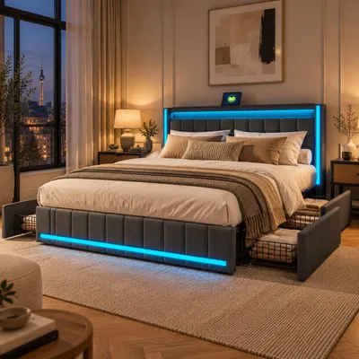 Produktbild von Polsterbett 140x200cm mit RGB-LED, USB-C, 4 Stauraumschubladen, Leinenstoff Bettgestell