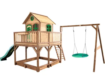Produktbild von AXI Spielhaus Liam mit Sandkasten, Nestschaukel & grüner Rutsche | Stelzenhaus XXL in Braun & Grün aus Holz für Kinder | Spielturm mit