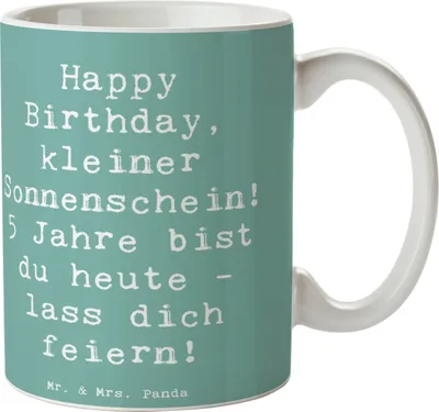 Produktbild von Mr. & Mrs. Panda Kaffeebecher Spruch 5. Geburtstag Sonnenschein - Meeresbrise - Geschenk, feiern, mit Kindern, Pott, Keramiktasse, Tasse, Kaffeetasse, schöne, Teetasse