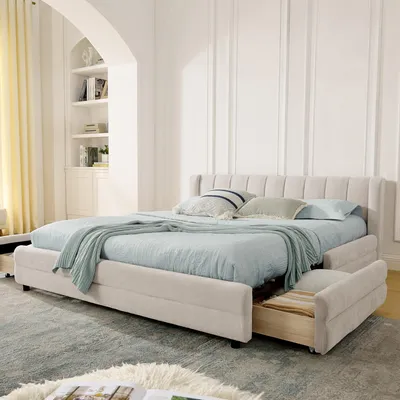 Produktbild von Doppelbett 140x200 cm, seitliche Aufbewahrungsfächer, USB-Ladeport, weicher Chenille-Stoff, ergonomisches Design, für Schlaf-, Gästezimmer oder Mietwohnung, ohne Matratze, beige