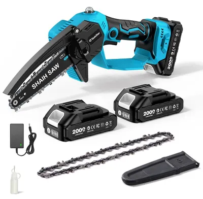 Obrázok produktu pre Mini akumulátorová reťazová píla - 15 cm reťaz - Bezkomutátorový motor - Automatické mazanie reťaze - 2 x 2000 mAh batérie - Vhodná na strihanie stromov