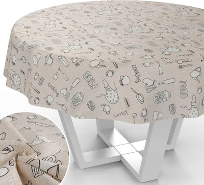 Produktbild von Tischdecke Küche mit Tee und Kaffee aus Textil Tischtuch mit Beschichtung Tischwäsche Aquarell Beige Rund 140cm mit Schnittkante