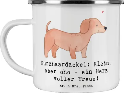 Produktbild von Mr. & Mrs. Panda Teetasse Kurzhaardackel Herz - Weiß - Geschenk, Dackel Eigenschaften, Blechtasse, Kaffeepott, charmanter, Haferl, Pott, treue Begleiter, Hunderassen