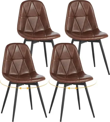 A set of four brown dining chairs with black legs on a white background.