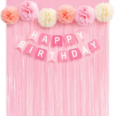 Productafbeelding van Verjaardagsdecoratieset roze voor meisjes | Slingers, glitterslingers, papieren pompons