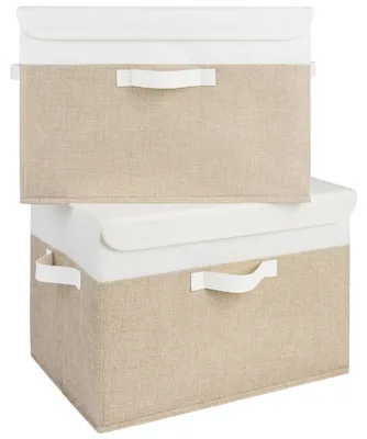 Image de 2 boîtes de rangement avec couvercle, en tissu, grandes, blanc-beige