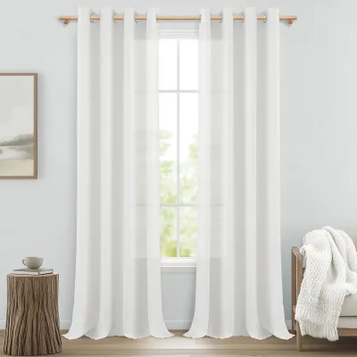 Produktbild von Vorhänge mit Ösen, Semi-Transparente Schalvorhänge in Leinenoptik (Set von 2, Weiß, 245 cm Lang)