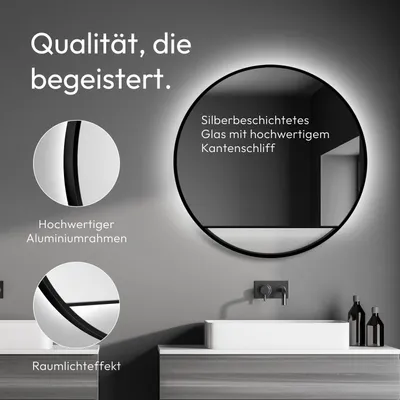 Immagine prodotto di Specchio da parete tondo Talos Black Hole Light Matt Ø 80 cm - specchio da bagno con illuminazione indiretta - specchio illuminato con luce bianca neutra - cornice in alluminio opaco di alta qualità - specchio da bagno