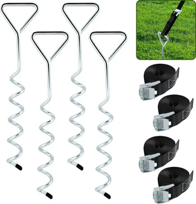 Obrázek produktu pro Jayseuw 4x zemní kotva trampolína 40cm 5 cívek Nastavitelné popruhy Bezpečnostní sada z nerezové oceli Zemní kotva upevnění altán zahradní domek houpačka