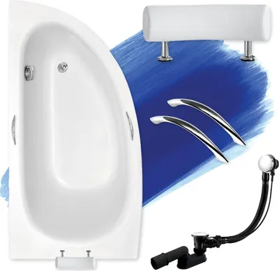 Produktbild von BADLAND Eckbadewanne Badewanne Milena Premium LINKS 150x70 mit Ablaufgarnitur, Füßen, Handgriffen und Kopfstütze GRATIS ohne Verkleidung