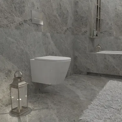 A modern bathroom with a wall-mounted toilet, marble-effect tiles, and a decorative lantern.