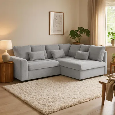 Obrázek produktu pro BEAUTYSOFA | Rohová pohovka RAMO 229 cm, rohová pohovka s funkcí spaní 160x200 cm, moderní rozkládací pohovka v světle šedé barvě, včetně matrace