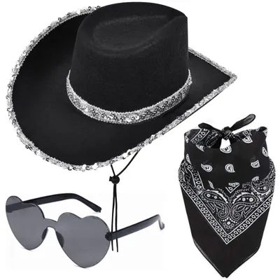 Zdjęcie produktu dla Zestaw kapelusza kowbojskiego 3-częściowy, czarny kapelusz, bandana paisley i okulary, do przebrania