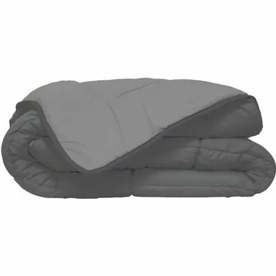 A folded gray comforter is shown against a white background.