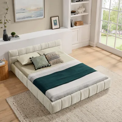 Produktbild von Polsterbett 140x200 cm Chenille Beige Bettgestell mit Kopfteil, Stabiler Metallrahmen & Eukalyptusholz, Belastbarkeit bis 300kg, Geräuschlos, Ohne Matratze