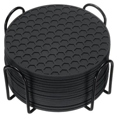 Silikon-Untersetzer 16er-Set mit Halter, 10 cm, schwarz
