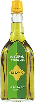 A bottle of Alpa Francovka Lesana, an alcoholic herbal solution.