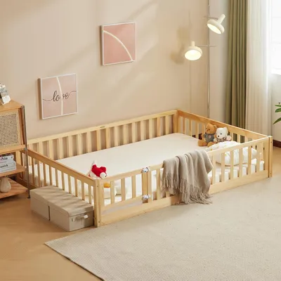 Immagine prodotto di Lettino FCH con protezione anticaduta e rete a doghe, 140x200 cm, letto a terra in stile Montessori con uscita laterale, letto singolo per camera dei ragazzi, finitura naturale