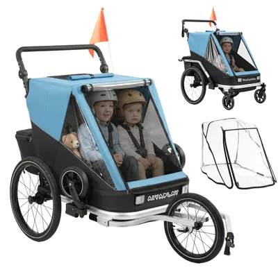 Productafbeelding van Fietsaanhanger voor kinderen, 2 zitplaatsen, 2-in-1 opvouwbare kinderfietsaanhanger met verstelbare zitting en riemen, blauw