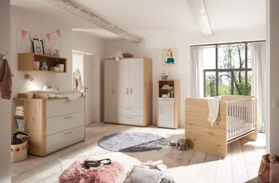 Produktbild von komplett Babyzimmer Lilly 7 teiliges Komplett Set in Asteiche und Kreidegrau matt Lack von Mäusbacher, Babyzimmermöbel komplett