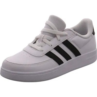 A single white Adidas sneaker with black stripes is shown against a white background.