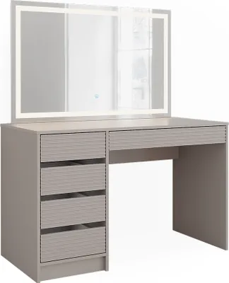 A vanity table with a large LED mirror.