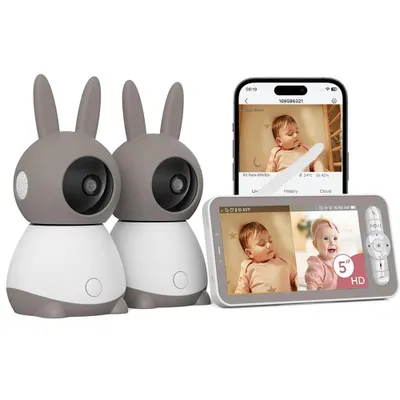 Image de Babyphone avec 2 caméras et APP 2K/5,0 pouces WLAN Babyphone avec écran partagé PTZ 360° 4× Zoom Vision nocturne IR Suivi automatique