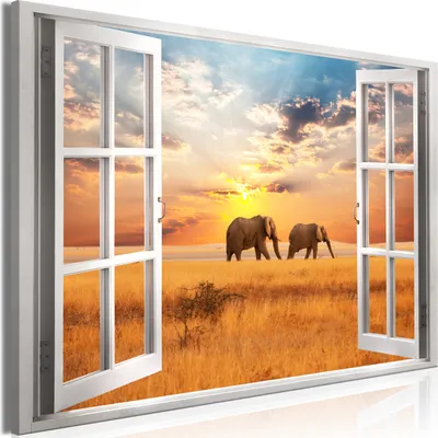Produktbild von Modernes Wandbild Fensterblick 120x80 - 1 Teile Bilder Fotografie auf Vlies Leinwand Foto Bild Dekoration Wand Bilder Kunstdruck Afrika Elefant c-C-0388-b-a