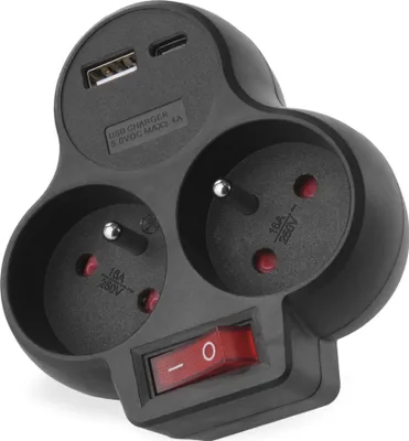 Rozbočovací zásuvka 2×, vyp., 1×USB-A+1×USB-C, černá