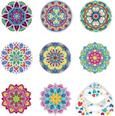 Image de Sous-verres pour peinture diamant avec support, lot de 8. Kits de peinture diamant pour adultes, avec supports, décorés de diamants et comprenant les outils de montage nécessaires
