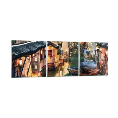 Produktbild von Bilder auf glas - 3 Teile - Chinesisch Stadt Nacht - 120x40cm - Glasbilder - Wandbilder - Bilder - zum Aufhängen bereit - Wanddekoration aus Glas - Glas Bilder - Wandbild auf Glas - GCA120x40-4657