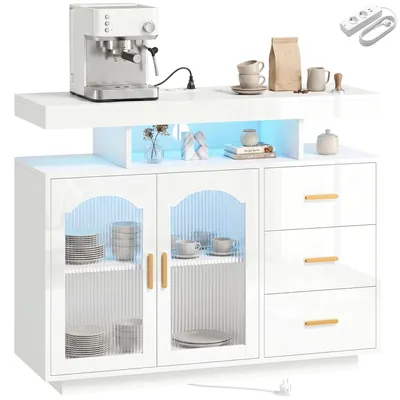 Produktbild von Sideboard mit LED-Beleuchtung, integrierten Steckdosen, 3 Schubladen, Regalb?den und 2 Acryltš¹ren, Hochglanzwei?
