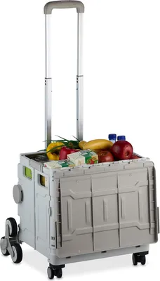 Produktbild von Relaxdays Einkaufstrolley Treppensteiger, klappbar, Einkaufskorb mit Rollen, Deckel, Teleskopgriff, bis 50 kg, weiß/grau