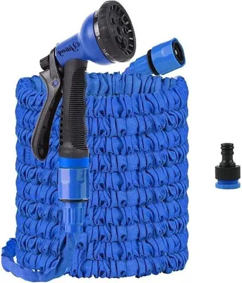 Obrázek produktu pro Zahradní hadice Famanu, rozšiřitelná, délka 7,6 m (25 ft), 15,2 m (50 ft), 24,4 m (80 ft), 30,5 m (100 ft), s 8 tryskami, připojení 3/4" a 1/2" - modrá, délka 7,6 m (25 ft)
