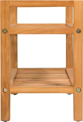 A wooden shelving unit with two tiers.