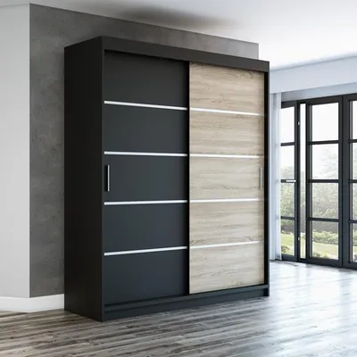 Produktbild von Schwebetürenschrank, 2-türig Schrank PARIS 180 cm (mit Spiegel) (Schwarz / schwarz / sonoma)