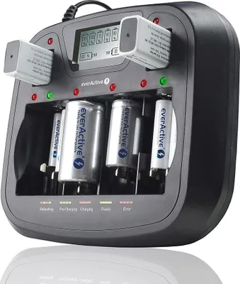 A close-up, angled view of a battery charger with batteries inserted.