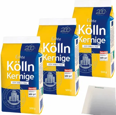 Produktbild von Kölln Echte Kernige Hafer-Vollkorn Haferflocken 3er Pack (3x500g Packung) + usy Block