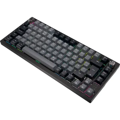 A black mechanical gaming keyboard with RGB lighting is shown from a diagonal angle against a white background.