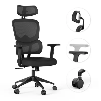 A black ergonomic office chair with a headrest, armrests, and a five-star base with wheels. Insets show close-ups of the headrest, armrest adjustment, and the wheels.
