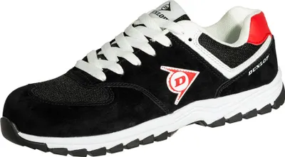 A single black Dunlop shoe with white laces and red accents.